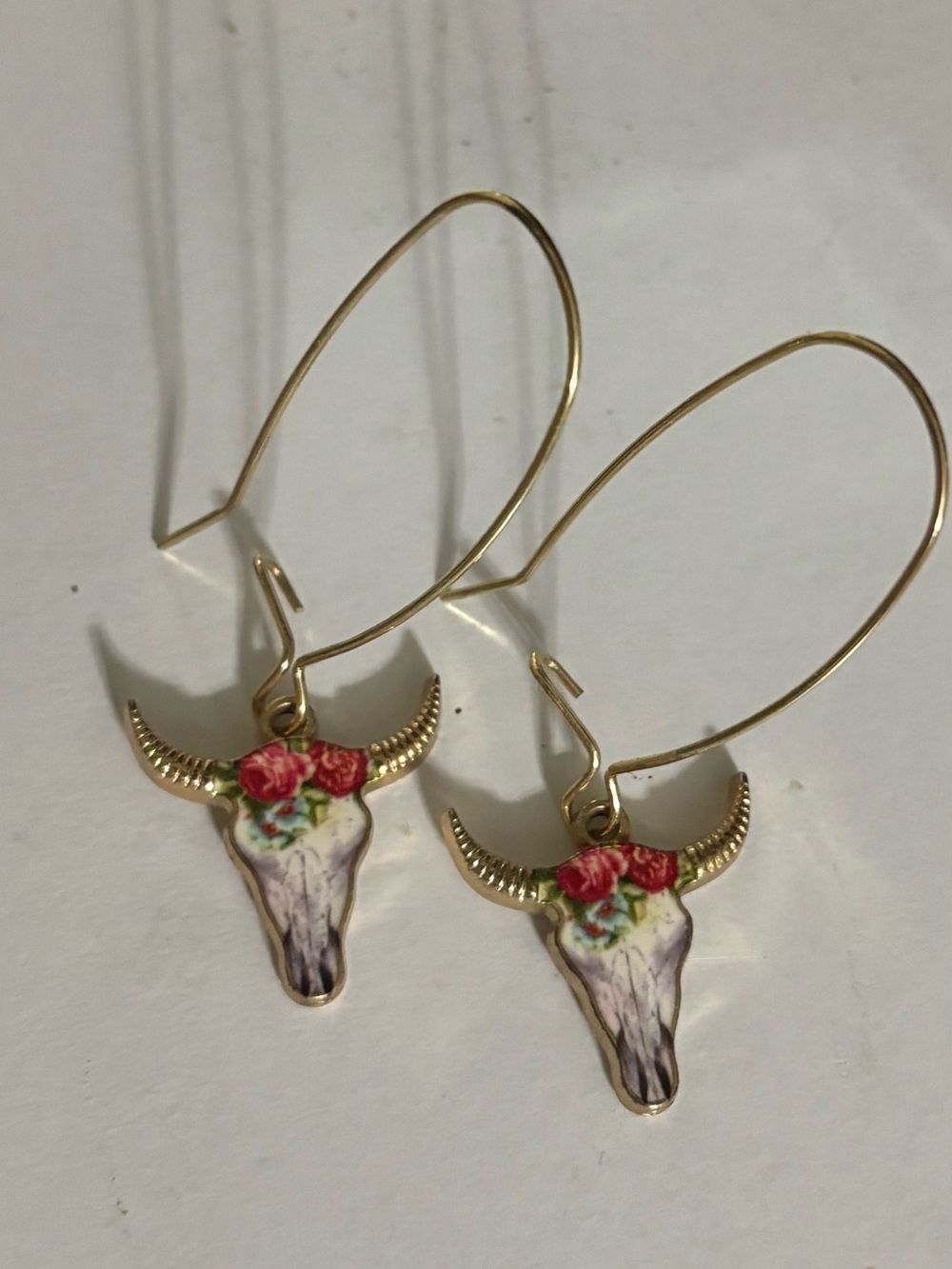 Gold-Tone Floral Cow Skull Drop Earrings - White and Pink